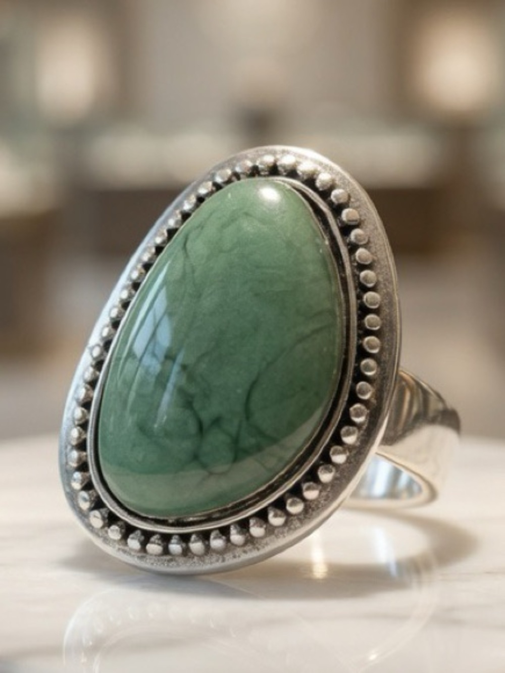 Sterling Silver Green Stone Oval Cocktail Ring one size adjustable